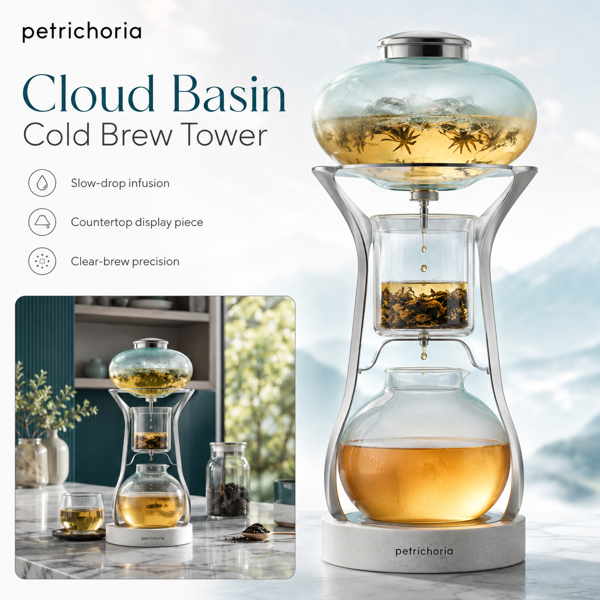 Petrichoria™ Cloud Basin Cold Brew Tower — Slow Infusion Tea Column