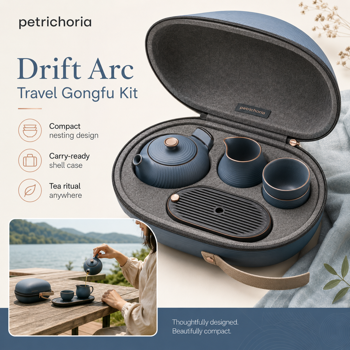 Petrichoria™ Drift Arc Travel Gongfu Kit — Portable Tea Ritual Case