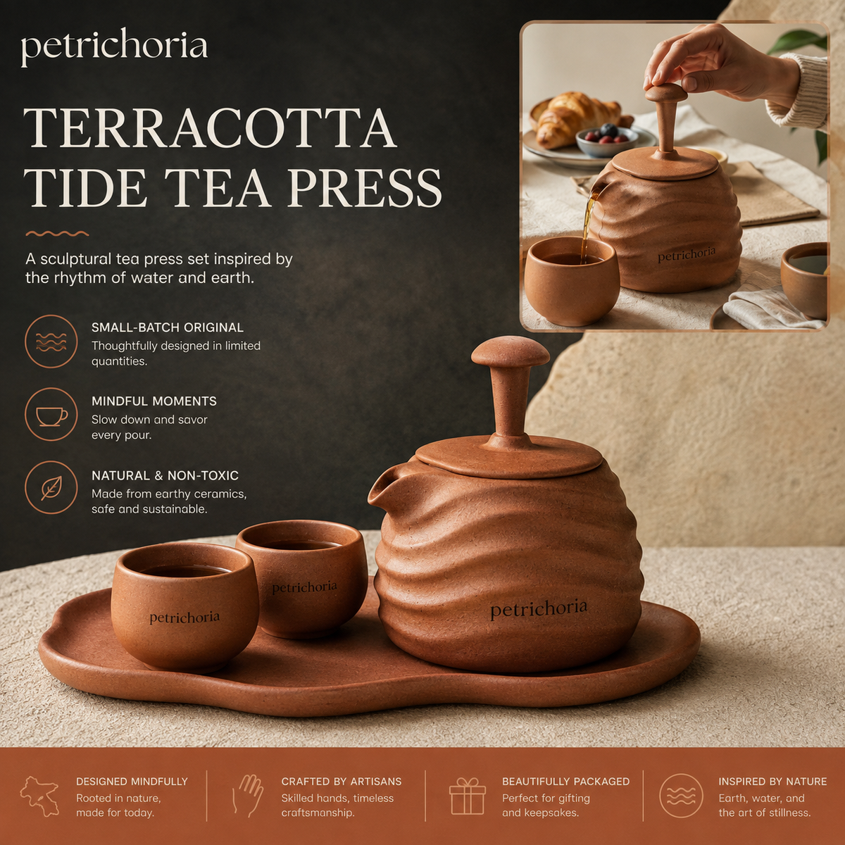 Petrichoria™ Terracotta Tide Tea Press — Sculptural Manual Brewer